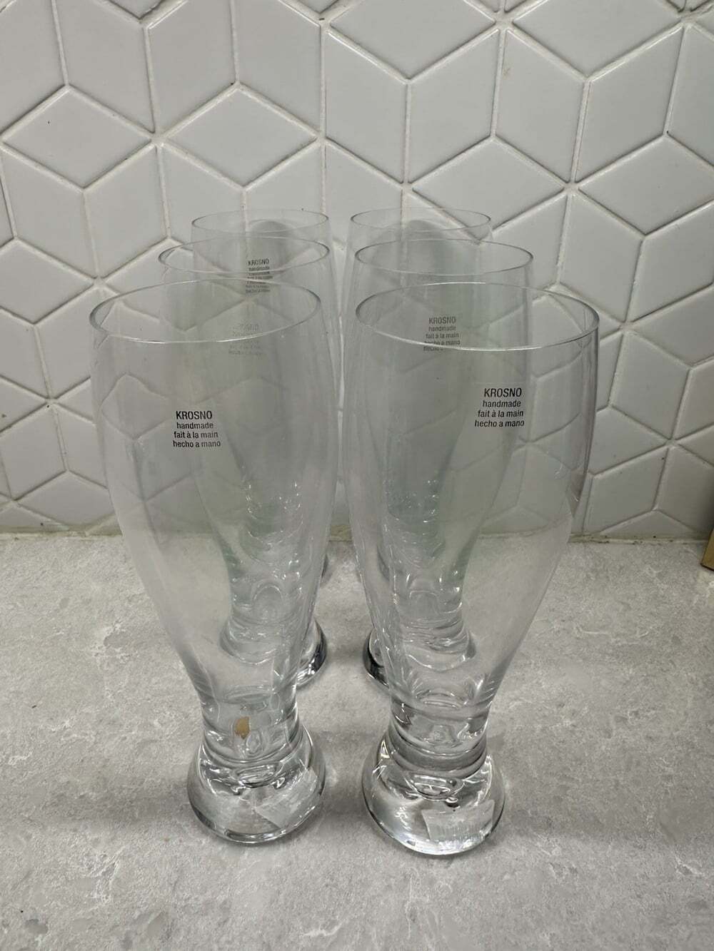Set of 6 Crate & Barrel Krosno Direction Pilsner Beer Glasses Bubble Base Clear